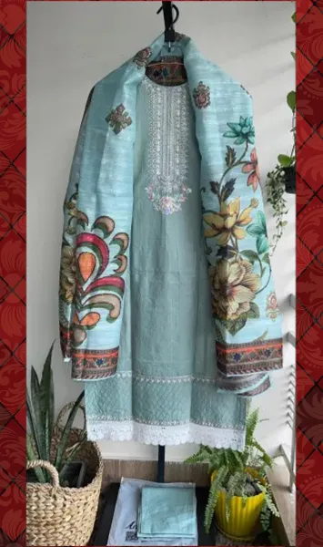 Pakistani Original Ameer & Sons Luxury Cotton Stitched 3Pcs_ Mint